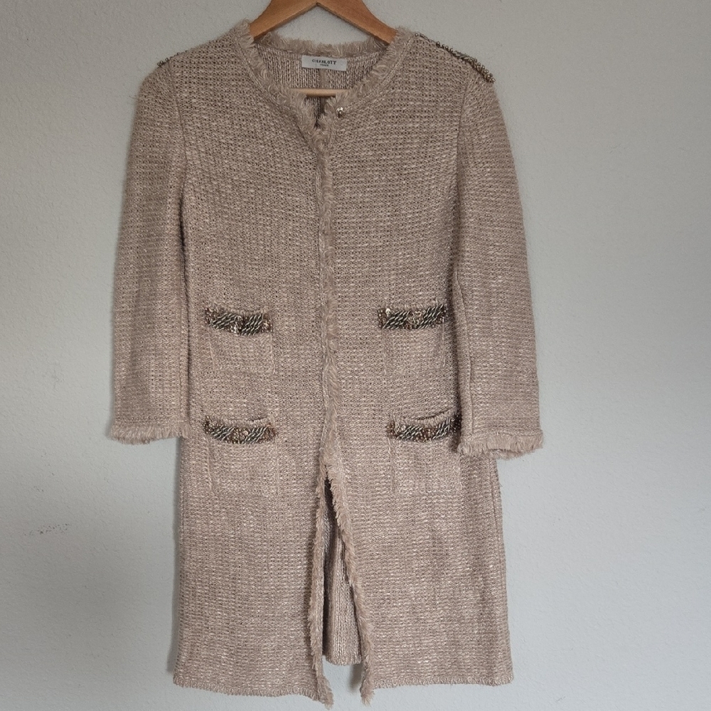 Charlott Italy Elegant Beige Tweed  Women Long Lined Cardigan Sweater Size S